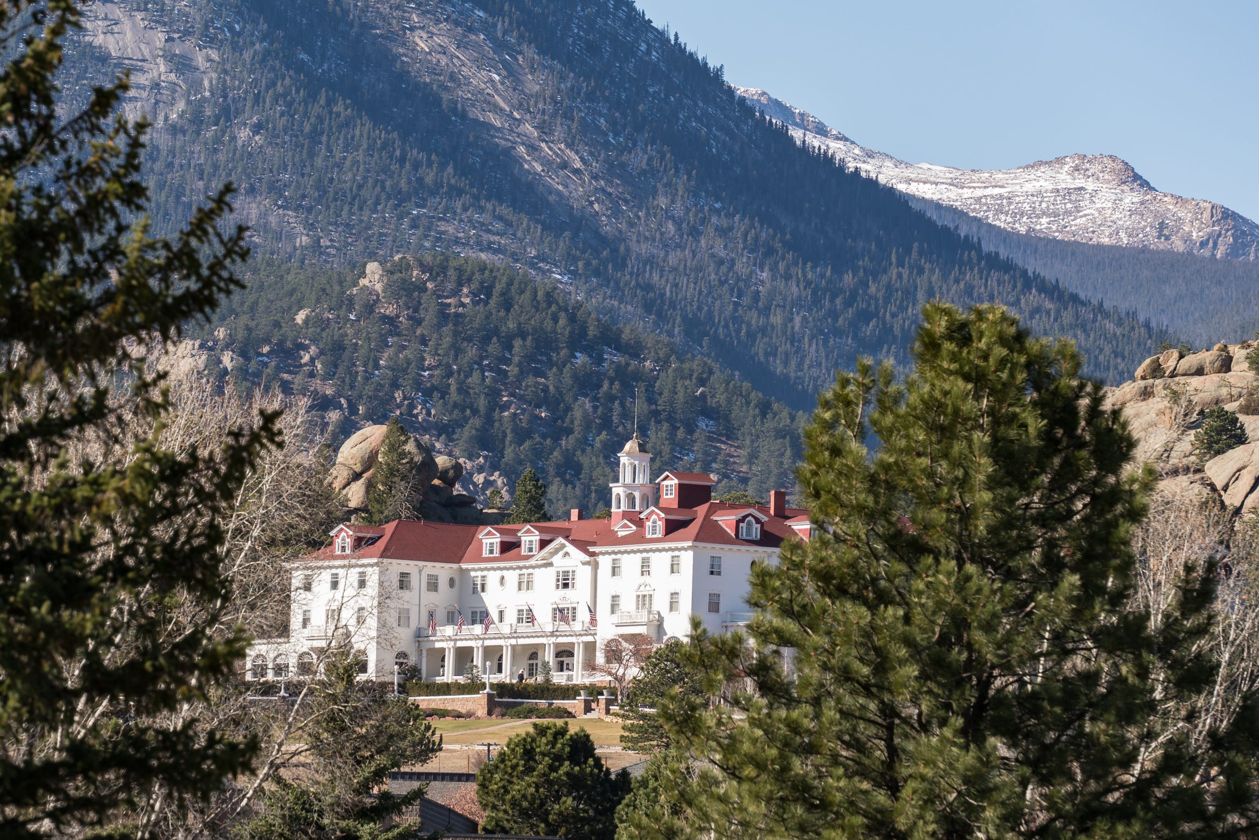 Estes Park, CO - October 31, 2020: View of the historic Staley Hotel in the Rocky Mountains of Estes Park